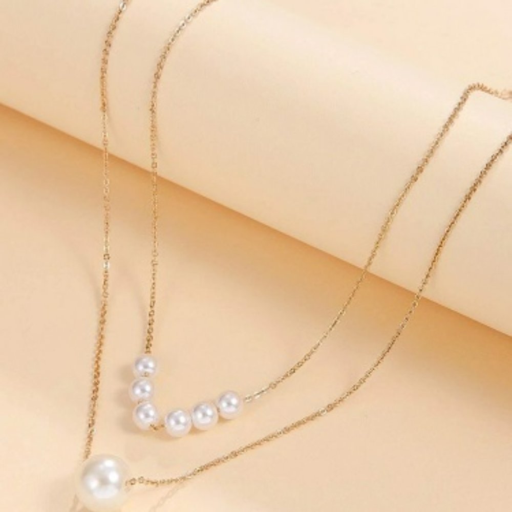 Gold Colored Chain with Faux Pearls Layered Necklace